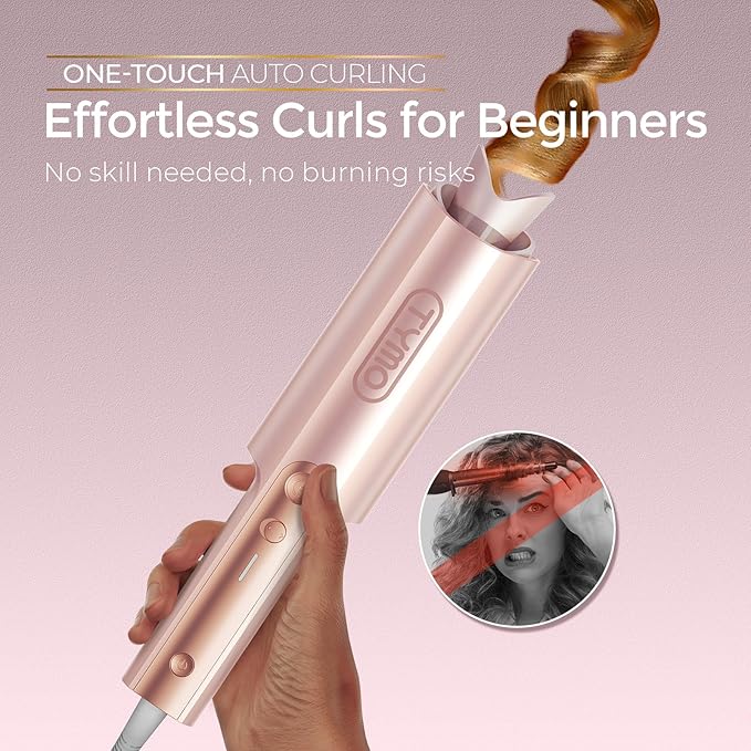 Upgraded Automatic Rotating Curling Iron - TYMO CurlPro Plus Long Barrel Curling Wand for Long Hair, Ceramic Hair Curler for Women, Anti-Scald, 600M Ionic, Dual Voltage, Gold Blush, 1 1/4 Inch