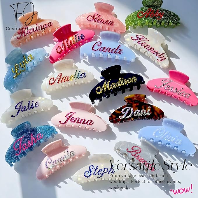 Personalized Colorful Name Hair Claw Clips for Women,Custom Hair Clips with Diamond,Cute Hair Accessories 4",Handmade Rhinestones Hair Clamp Gifts for Mom,Bride,Wife,Bridesmaid,Couples（Shell Pink）