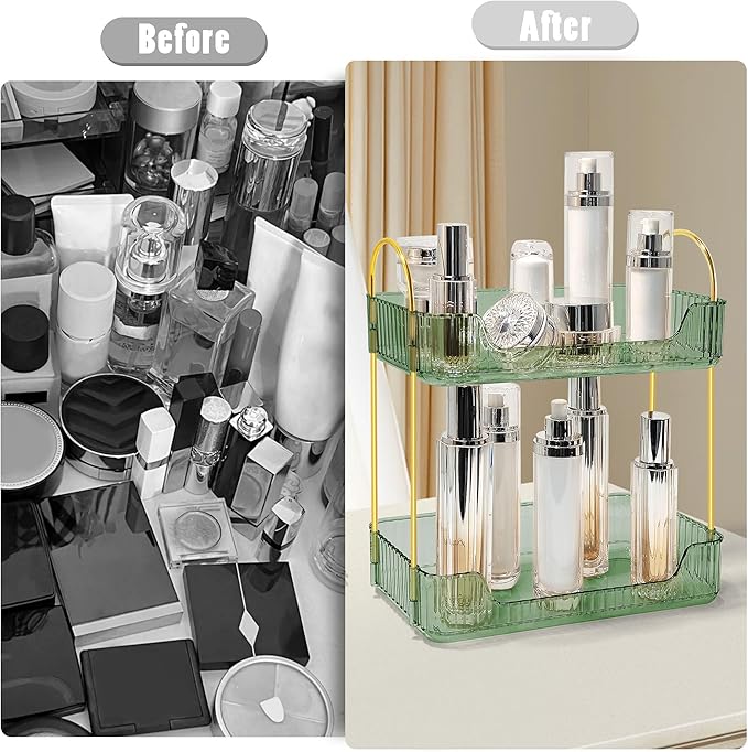 Bathroom Counter Organizer Countertop Storage Skincare Countertop Makeup Organizer Cosmetics Skincare Organizers Holder for Perfume-Green-golden pole