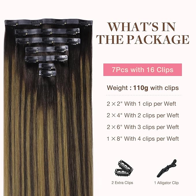 GOO GOO Clip in Hair Extensions Real Human Hair, Remy Human Hair Extensions Clip ins for Women, Natural Human Hair, 12inch 85g 7Pcs, #2/6/2 Balayage Dark Brown to Chestnut Brown