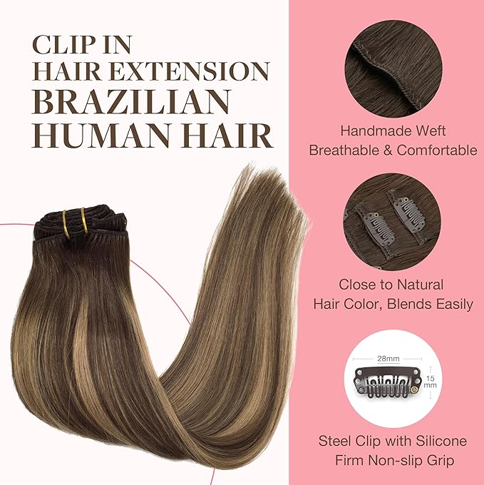 GOO GOO Clip in Hair Extensions Real Human Hair, Remy Human Hair Extensions Clip ins for Women, Natural Human Hair, 16inch 160g 7Pcs, #4/27/4 Balayage Chocolate Brown to Caramel Blonde