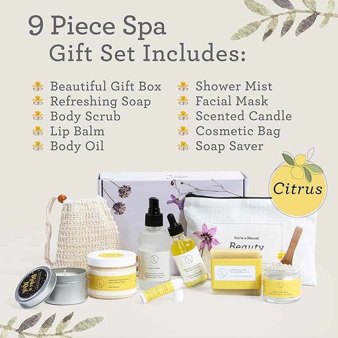 Lizush Luxury Spa Gifts for Women - 9 Piece Citrus Spa Gift Baskets for Women, Relaxation Birthday Gift Set, Handmade in the USA, Self Care Gift Sets For Wife, Mom, Co-Worker, Best Friend