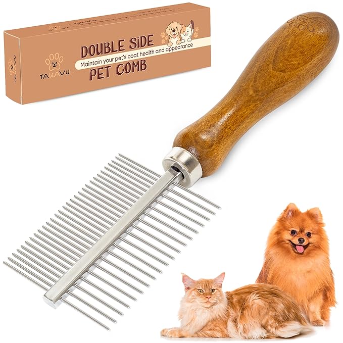 Takavu Double-Sided Metal Pet Comb for Dogs & Cats - Stainless Steel Teeth for Detangling, Removing Loose Hair & Flea Check - Grooming Tool