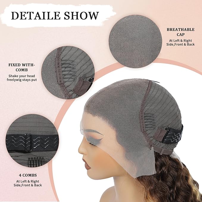 20 Inch Highlight Ombre Deep Wave Lace Front Wigs Human Hair Wig 13x6 Honey Blonde Wig Human Hair HD Glueless Deep Wave Wig 4/27 Colored Wet and Wavy Curly Wig Pre Plucked for Women