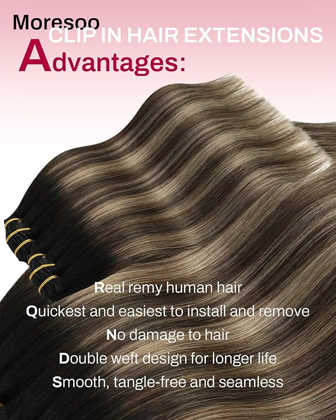 Moresoo Clip in Hair Extensions Real Human Hair Balayage Black to Brown with Dark Blonde 5pcs 80g Remy Straight Invisible Lace Double Weft Ombre Human Hair Clip in Extensions 16inch