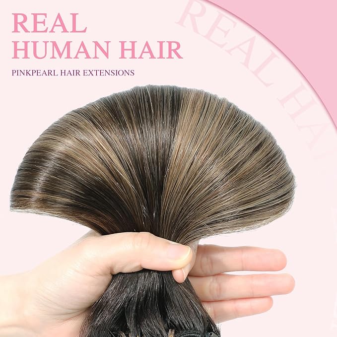 PINKPEARL Clip in Hair Extensions Real Human Hair #2/6/18 Balayage Dark Brown to Chestnut Brown and Ash Blonde 7pcs 120g 18inch Ombre Remy Human Hair Extensios Clip ins(#2/6/18-18)
