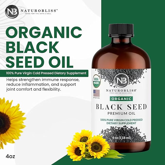 NaturoBliss Organic Black Seed Oil 100% Virgin Cold Pressed Omega 3 6 9 Super Antioxidant for Immune Support, Joints, Mobility, Digestion, Hair Skin Vegan, Gluten-Free, Non-GMO USDA Certified 4oz