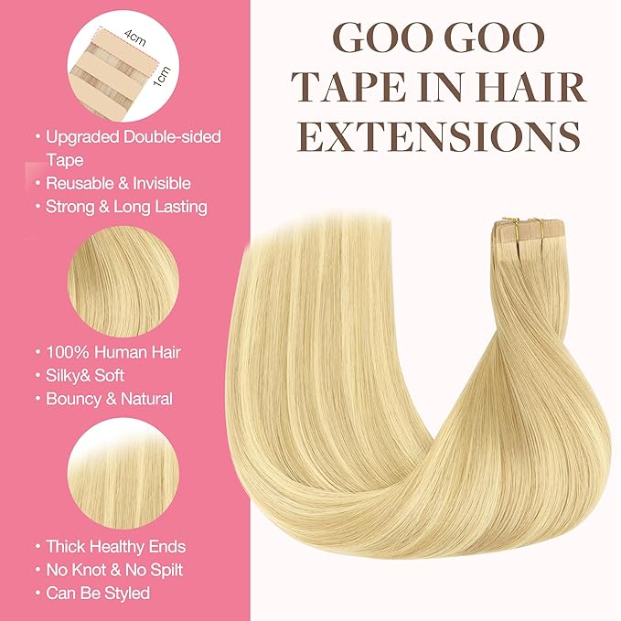 GOO GOO Tape in Hair Extensions Human Hair, 18AT60A Pearl Ash Blonde Highlights, 26inch 60g 20pcs, Skin Weft Seamless Invisible, Silky Straight with Thick Ends, Remy Human Hair