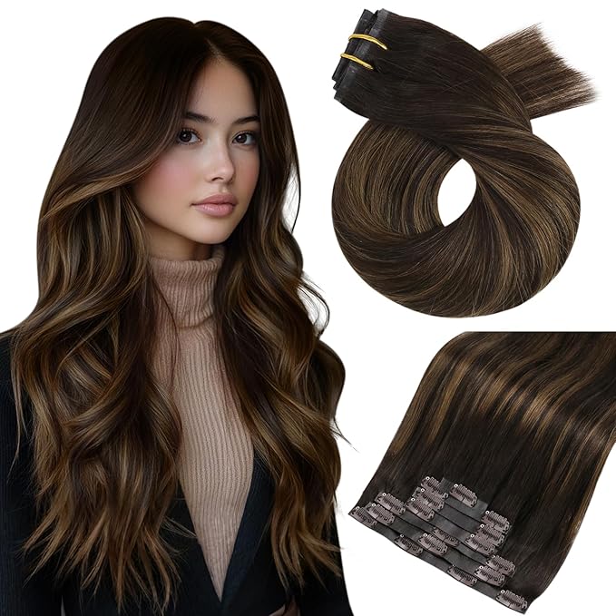 Moresoo Seamless Clip in Hair Extensions Human Hair Balayage Dark Brown to Chestnut Brown Hair Extensions Clip ins Short Straight Pu Skin Weft 120g/7pcs 14 inch