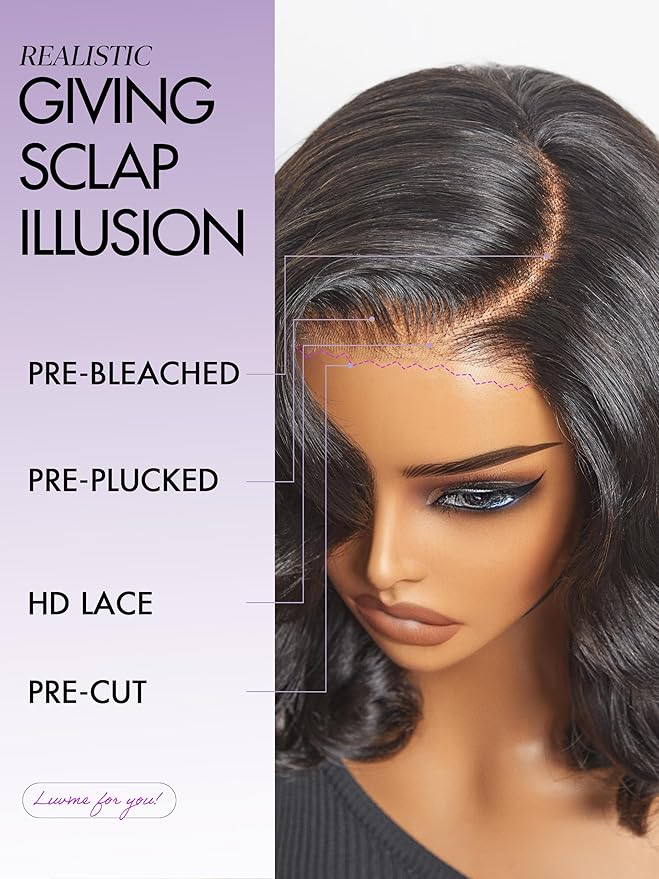 LUVME HAIR 100% Human Hair Wigs Loose Wave Glueless Lace Front 18 Inches, Pre Cut Plucked Hd Lace Short Wig Ready To Go Natural Color Straight Bleached Knots Side Part Black Wigs