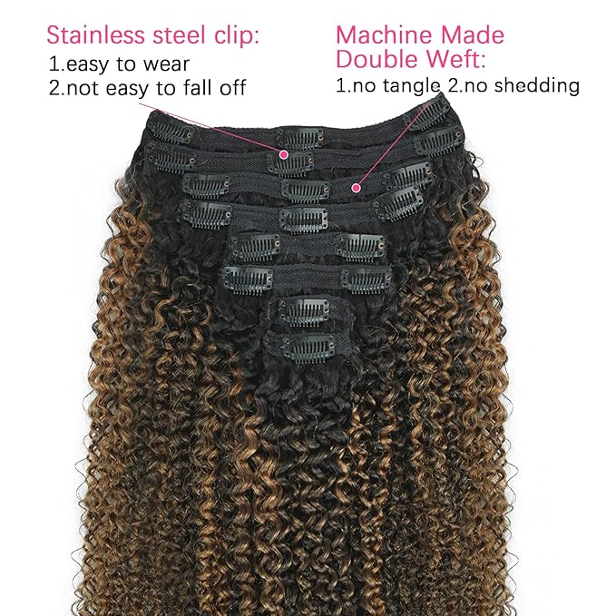 3c 4a Curly Clip in Hair Extensions T1BP1B/30 Omber Kinky Curly Clip ins For Women Brazilian Virgin Clip on Hair (12inch,T1BP1B/30)