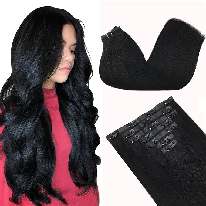 GOO GOO Clip in Hair Extensions Real Human Hair, Remy Human Hair Extensions Clip ins for Women, Natural Human Hair, 20inch 150g 7Pcs, 1 Jet black