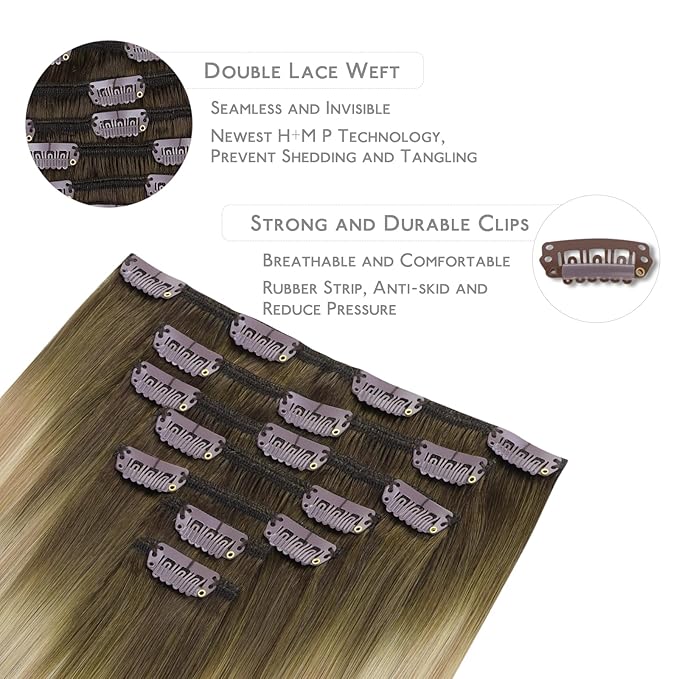 WENNALIFE Clip in Hair Extensions Real Human Hair, 16 Inch 120g 7pcs Human Hair Extensions Clip In Human Hair, Balayage Light Ash Brown to Light White Blonde Hair Extensions Clip In Real Hair Coloured