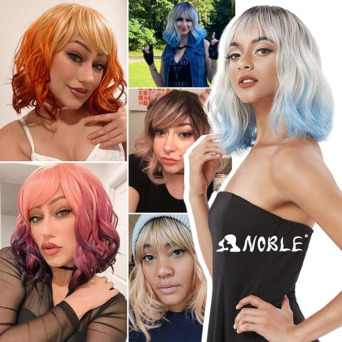 NOBLE Black Bob Curly Wavy Wig with Bangs for Women, Natural, Heat Resistant Synthetic Fiber Wig for Daily Party Cosplay Costume