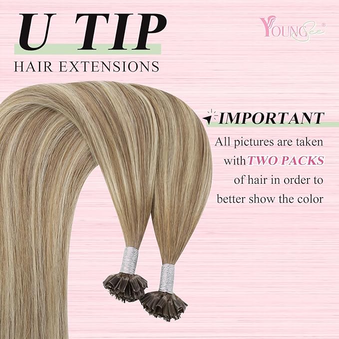 YoungSee Human Hair U Tip Hair Extensions Balayage Light Brown and Platinum Blonde Utips Remy Hair Extensions Balayage U Tips Keratin Hair Extension K Tips Human Hair Extension Ombre 1G/S 50G 20In