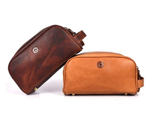 10" Premium Leather Toiletry Travel Pouch With Waterproof Lining Black Color | King-Size Handcrafted Vintage Shaving Kit By Aaron Leather Goods