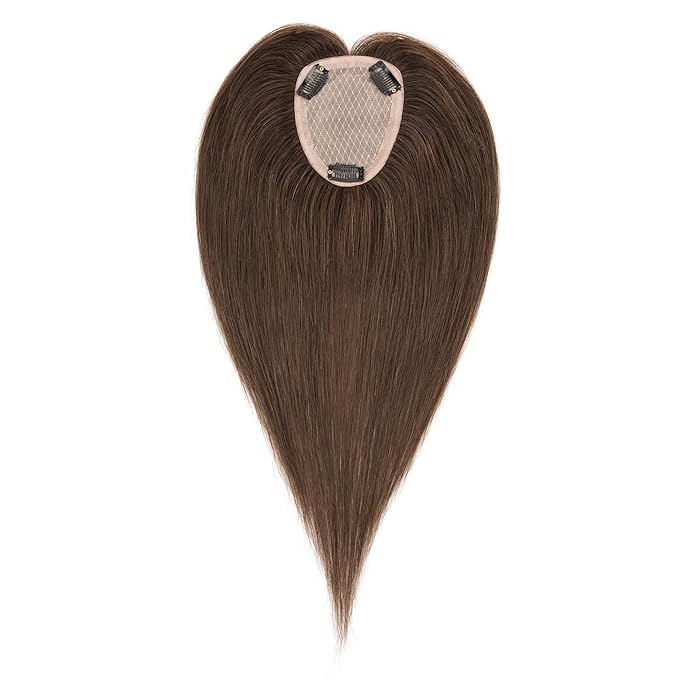 Hairro Human Hair Toppers Free Parted, 3.5x4.7" Base Hand-wovened 100% Real Hairpieces, with Invisible Clips-in for Women, for High Hairline/Adding Volume on Top, 16 Inch Dark Brown