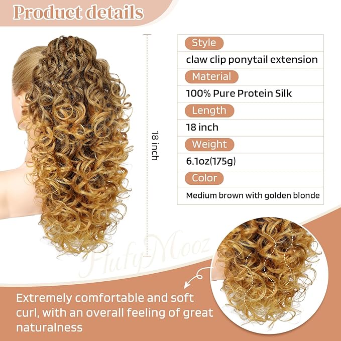 FLUFYMOOZ 100％ Pure Protein Ponytail Extension, 18 Inch Curly Claw Clip Ponytail Hair Extensions Natural Soft pony tail hairpiece for women-Medium Brown with Golden Blonde