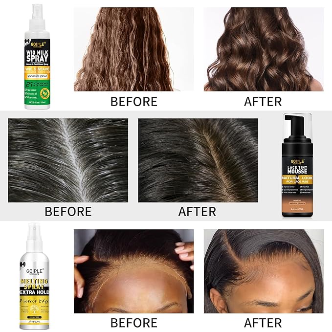 Lace Tint Mousse Wig Milk Spray for Synthetic Hair, Leave-in Conditioner Spray Conditioner ＆ Detangler Moisturizer, Wig Glue for Lace Front Wigs Strong Hold Hair Adhesive Wigs Accessory Essentials Kit