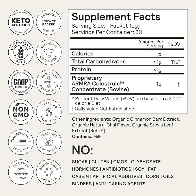 ARMRA Colostrum™ Powder | Arctic Chai | Gut Health & Bloating | Skin & Hair | Immunity | Keto, Gluten & Fat-Free | 30 Servings