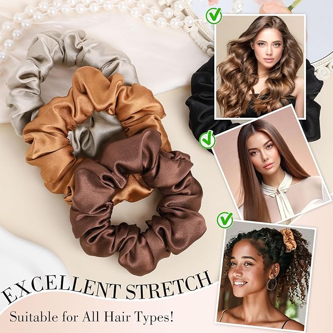 4 Pack Mulberry Silk Scrunchies, Brown Silk Hair Ties for Hair Sleep No Damag Satin Scrunchies Valentines Day Gifts for Wife