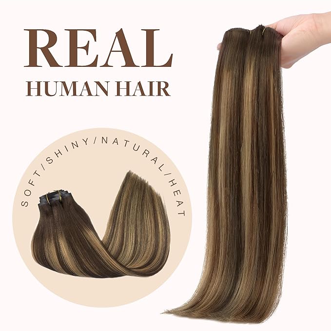 GOO GOO Clip in Hair Extensions Real Human Hair, Remy Human Hair Extensions Clip ins for Women, Natural Human Hair, 20inch 150g 7Pcs, 4/27/4 Balayage Chocolate Brown to Caramel Blonde