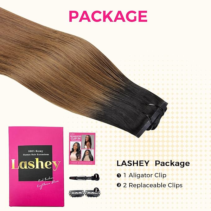 Lashey Seamless Clip in Hair Extensions Human Hair 150g 9pcs 24 Inch Ombre Natural Black to Medium Auburn Straight Clip in Hair Extension for Women PU Weft Hair Extension