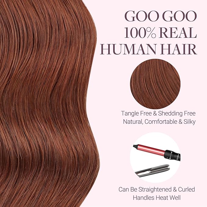 GOO GOO Tape in Hair Extensions Human Hair, #33B Dark Auburn Copper, 24inch 50g 20pcs, Skin Weft Seamless Invisible, Silky Straight with Thick Ends, Remy Human Hair