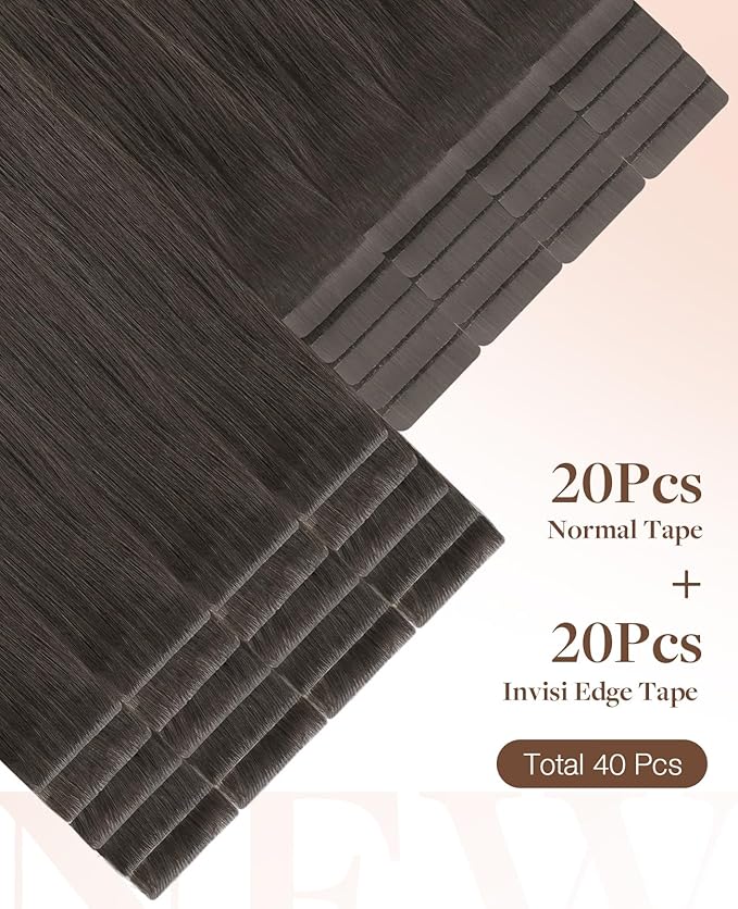 GOO GOO Invisi Edge Tape in Hair Extensions Human Hair, 1C Mocha Brown 20pcs injected with 20pcs classical tape ins, 22inch 100g, Virgin Remy Hair, Natural Look