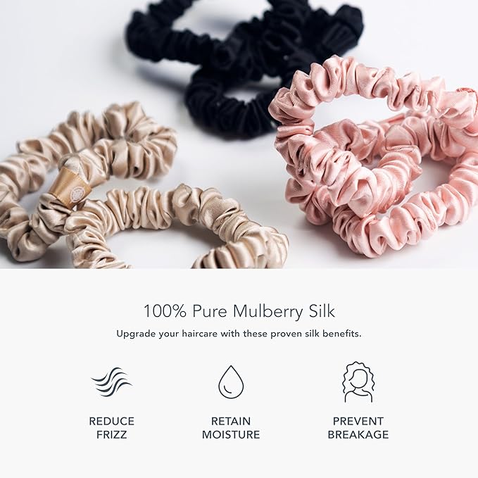 Fishers Finery 25 Momme Pure Mulberry Silk Skinny Scrunchies | Hair Tie Set for Thin Hair (Black|Pink|Champagne- 6 Pk)