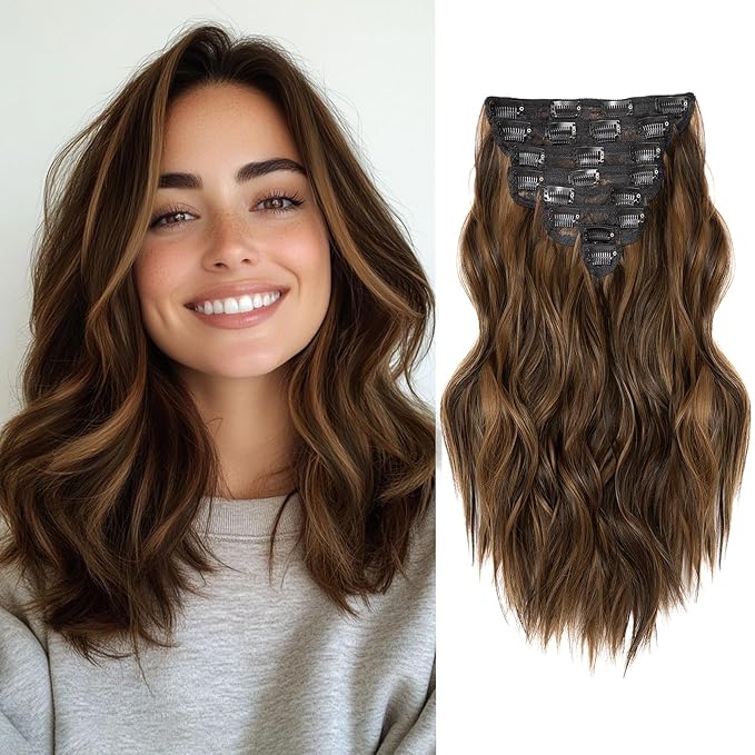 Clip in Hair Extensions for Women, 8PCS 16 Inch Wavy Dark Brown Mix Light Brown Curly Hair Extensions Clip Ins, Synthetic Airy and breathable Hairpieces for Women