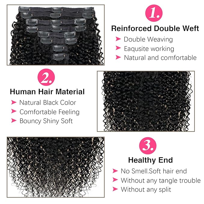 20 inch 3c 4a Kinky Curly Clip ins Real Human Hair for Full Head Full Curly Clip on Hair Extensions Natural Black Color Clip in Hair For Women 120g/pack(20inch,#1B)