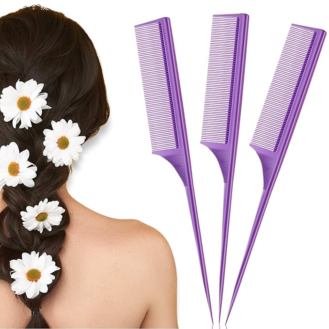 Leinuosen 3 Pack Rat Tail Combs Fine Tooth Parting Tip for Women Carbon Fiber Heat Resistant Anti Static Teasing for Back Combing Root Teasing Adding Volume Evening Styling(Purple)