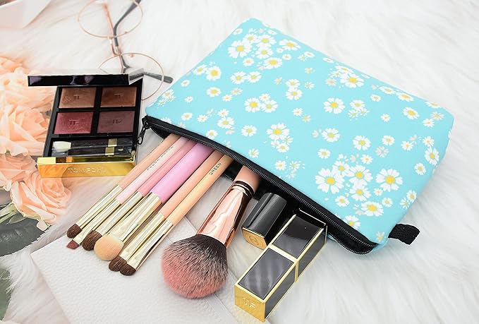 2 Pcs Cosmetic Bag for Women Small Make Up Bag Waterproof Travel Toiletries Pouch with Zipper for Organizing Small Items, Gift Bags for Birthday Christmas(Daisy Flower 2)