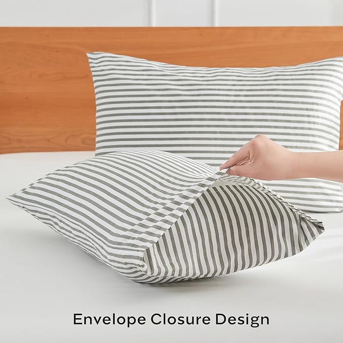 JELLYMONI 100% Natural Cotton Striped Standard Pillowcases Set, 6 Pack White and Grey Stripes Pattern Printed Pillow Covers with Envelope Closure(Pillows are not Included)