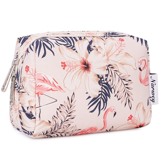 Narwey Small Makeup Bag for Purse Mini Cosmetic Bag Travel Makeup Pouch Zipper Pouch Cute Make up Bags with Compartments for Women Girls (Beige Flamingo, Small)