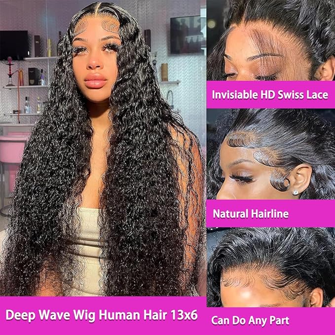 13X6 Deep Curly HD Lace Frontal Wig Human Hair Pre Plucked 210% Density Deep Wave Wigs for Women Wet and Wavy Glueless Lace Front Wig Natural Color 20Inch
