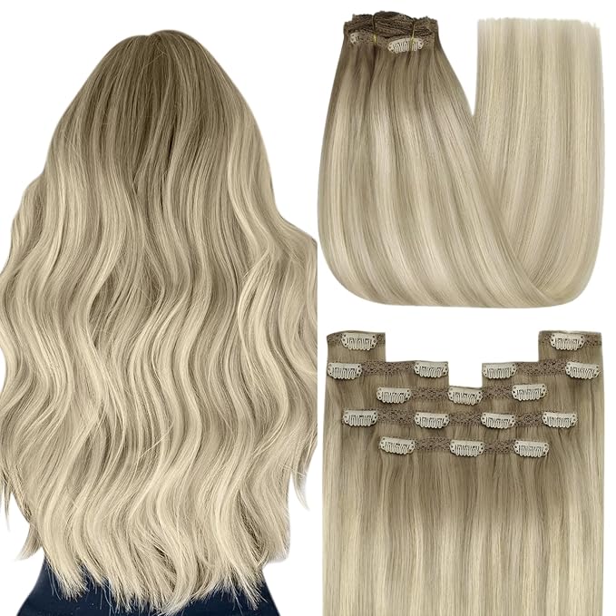 YoungSee Clip in Human Hair Extensions Ash Blonde Clip in Hair Extensions Human Hair Ombre Ash Blonde to Platinum Blond Highlights Clip in Hair Extensions Thick Remy Hair 7Pcs 120G 14Inch