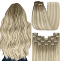YoungSee Clip in Human Hair Extensions Ash Blonde Clip in Hair Extensions Human Hair Ombre Ash Blonde to Platinum Blond Highlights Clip in Hair Extensions Thick Remy Hair 7Pcs 120G 14Inch