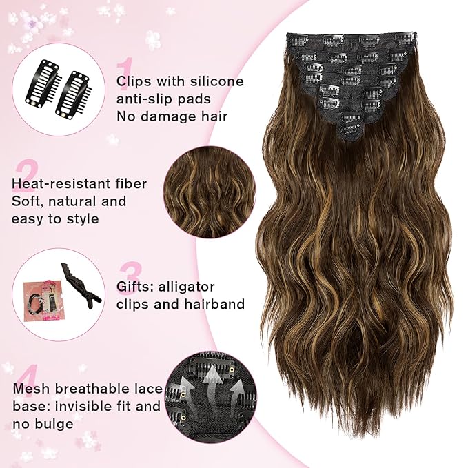 Hair Extensions for Women, 8PCS 20Inch Dark Brown Curly Clip in Hair Extensions Mix Blonde, Synthetic Long Wavy Clip Ins, Full Head Thick Hairpieces for Women