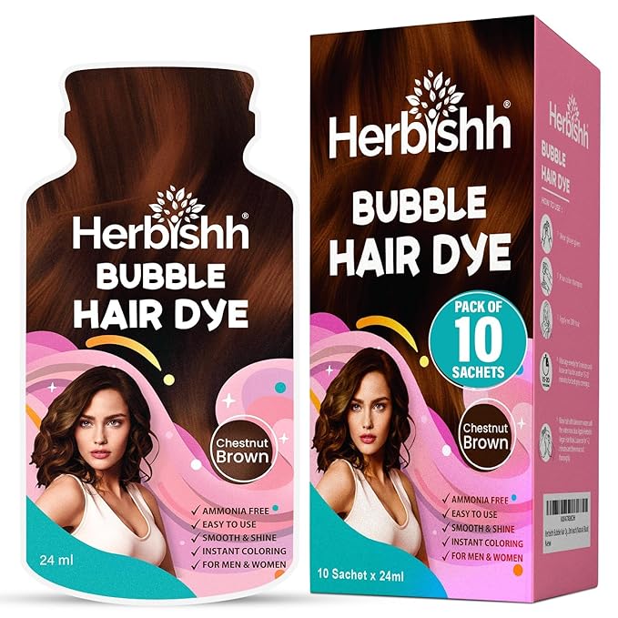 Herbishh Bubble Foam Hair Dye Shampoo, 3 in 1 Dye for 100% Grey Coverage, Permanent Hair Coloring for Men & Women, Long-lasting & Travel-friendly, Ammonia-free, 10 Sachet x 24 ml (Chestnut Brown)