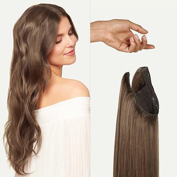 Luxy 100% Remy Human Hair – Halo Clip-In Hair Extensions –Natural Looking Volume & Length - One-Piece - Easy 5-Min Application 180 grams 20" Ash Brown Balayage