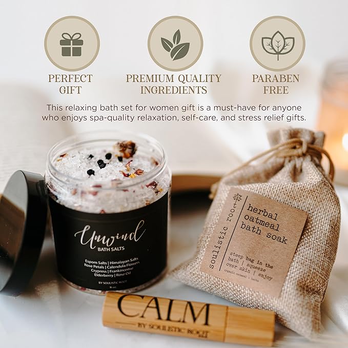 Soulistic Root Revitalizing Bath Set – Wellness Products with Tranquil Essential Oil Roller, Oatmeal Lavender Soak, Epsom Salts with Essential Oils, Ready-to-Gift Premium Box, Ideal Holiday Spa Gift