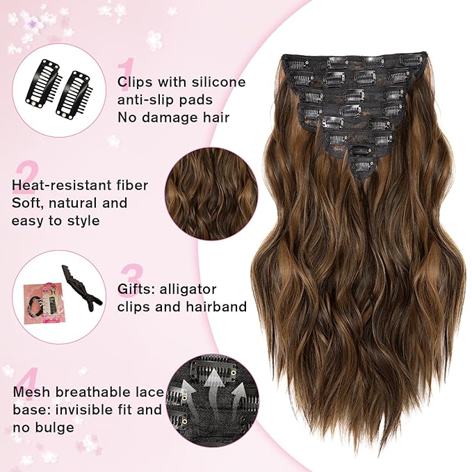 Clip in Hair Extensions for Women, 8PCS 16 Inch Wavy Dark Brown Mix Light Brown Curly Hair Extensions Clip Ins, Synthetic Airy and breathable Hairpieces for Women
