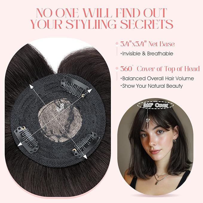Hairro Mono Hair Toppers with Bangs, 3.4" x 3.4" Mono Base 100% Real Human Hairpieces for Women, 150% Density Clips In Topper for Greyish Thinning Hair, 20 Inch Natural Black