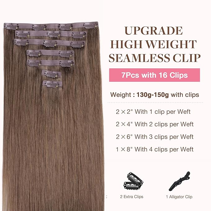 GOO GOO Clip in Hair Extensions Real Human Hair, Remy Human Hair Extensions Clip ins for Women, Natural Human Hair, 18inch 130g 7Pcs, 5 Light Ash Brown