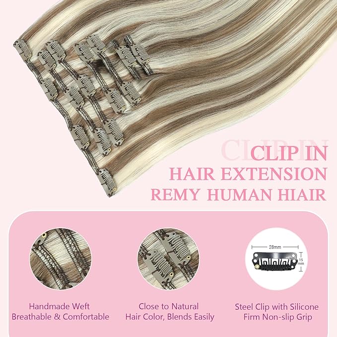 PINKPEARL Clip in Hair Extensions Straight Human Hair #8P60 Ash Brown Highlighted Platinum Blonde Clip in Extensions Remy Real Human Hair Extensions 7pcs 120g 20 Inch(#8P60-20)