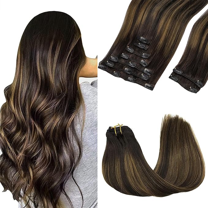 GOO GOO Clip in Hair Extensions Real Human Hair, Remy Human Hair Extensions Clip ins for Women, Natural Human Hair, 18inch 150g 9Pcs, 2/6/2 Balayage Dark Brown to Chestnut Brown