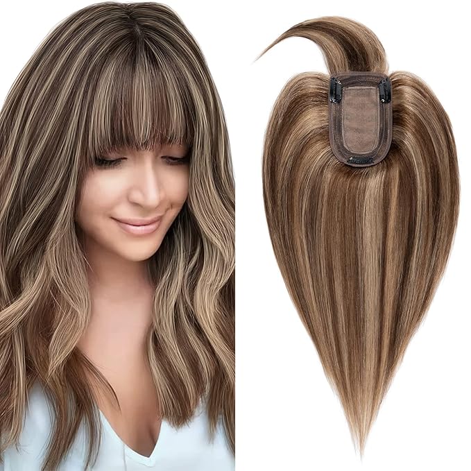 SEGO Hair Toppers for Women Real Human Hair with Thinning Hair, Toppers Hair Pieces Clip in Toppers Straight Hair Pieces with Front Bangs -12 Inch #4/27 Medium Brown Mix Dark Blonde
