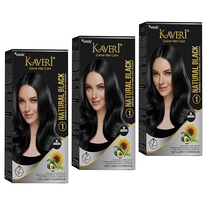 Kaveri Creme Hair Color Permanent Hair Dye Color - With Improved Creme Formula for Gray Coverage Ammonia Free Hair Color Dye for Rich Bright Long lasting (Black, 3.04 Fl Oz) - Pack Of 3